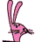Pink cartoon rabbit holding yellow signs with text, animated sequence showing different sign positions and expressions.