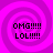 Four identical with pink spiral backgrounds display black pixelated text reading "OMG!!!!! LOL!!!!!" in a