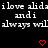 Black background with white pixelated text repeating 'ilove alida andi always will' and two red pixelated hearts at the bottom.