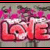 Animated graphic with red 'LOVE' text, pink hearts floating in different positions