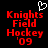 Red pixelated text 'Knights Field Hockey '09' on black background with white heart symbol above text.