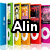 Four identical layouts of colorful bookshelf icons with text overlays reading Alin, Luvs, Music, and xox