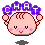 Pixelated cartoon head with closed eyes and pink cheeks under purple 'CHAT' letters, held by hands in four variations showing eye and mouth changes.