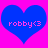 Two blue heart shapes on a bright pink background, each containing the text 'robby<3' in pink pixelated font.