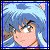 Pixelated anime-style character with light blue hair and brown eyes appears in two positions on a black background, surrounded by repeated text elements.