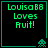 Four identical pixelated display green text 'Louisa 88 Loves Ruit!' on black background with teal border and small alien icon in bottom-right corner