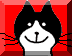Pixelated cartoon cat face with black ears and white muzzle against red background, two frames showing slight whisker movement.