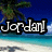 Pixelated beach scene with palm trees, turquoise water, and white sand; text overlays change from 'Jordan!' to 'Boy <3' across frames.