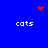 Blue background with four white 'cats' texts and red pixel clusters in heart, starburst, and dot patterns.