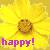 A pixelated sunflower with a cookie-like face at center, yellow petals radiating outward, purple text 'happy!' below on yellow background.