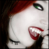 identical close-up images showing a person with red hair, green eyes, and white teeth with visible fangs against a dark background