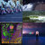 Four distinct pixelated scenes arranged in a 2x2 grid: top-left shows a blurred crowd with blue and purple tones, top-right features a white cloud-like shape over green and brown, bottom-left displays a colorful abstract pattern with green, purple, and orange, bottom-right contains a small figure near a light source on dark blue.