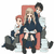 Pixelated static image of three cartoon-style figures in a layered pose with red and dark blue clothing against white background.