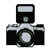 Four pixelated camera icons arranged in a , each showing different flash positions and lens details