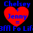Red heart-shaped icon with blue text 'Chelsey + Jenny =' above and below, surrounded by pixelated blue symbols on black background.