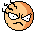 Two pixelated orange faces with black outlines, one with a frown and the other with gritted teeth, against gray background.