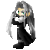 Pixelated character with long gray hair, green eyes, black outfit, and white scarf in six sequential poses against gray background.