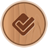 Circular wooden icon with a brown checkmark symbol in the center, surrounded by a darker brown border on a light gray background.