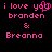 Pixelated pink text on black background displays 'i love you' with a heart symbol replacing 'you', 'branden', an ampersand, and 'Breanna' in four lines.
