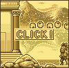 Pixel art scene with ancient Greek architecture, mountains, and a figure holding binoculars under the text "CLICK!" in blocky letters.