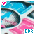 A 50x50 pixel animated buddy icon showing a blue and pink abstract background with a heart symbol changing color between frames, featuring "DDR" text at the bottom right.