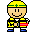 Two pixel-art characters in yellow helmets with green bands and crosses, wearing yellow-and-black uniforms with blue boots, one holding a red-and-pink object, the other holding a red staff.