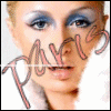 nine shows a woman with blue eyeshadow and white fur, overlaid with red 'paris' text; the central is empty