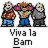 Animated contact sheet of 12 frames showing a cartoon character sequence with text labels and geometric symbols, all featuring "Viva la Bam" text on gray background.