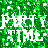 Green pixelated background with white speckles and repeated gray text 'PARTY TIME' in two , partially obscured by a solid light gray rectangle on the right