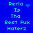 Blue background with cyan pixelated text reading "Perla Is Tha Best Fuk Haterz" and animated heart or star-like symbols.