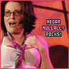 A four- shows a person in a white top with a pink lanyard against an orange background, with text reading "MEGAN MULLALLY ROCKS!" in each