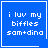 Blue square with white pixelated text reading "i luv my biffles sam+dina" and a white border; one version includes a white heart symbol in the bottom-right corner.
