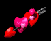 Animated sequence of a red arrow piercing multiple pink and red hearts against a black background.