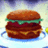 Pixelated image of a hamburger with brown buns, green lettuce, and red patty on blue plate against light background.