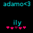 Pixelated cyan text 'adamo<3' above teal 'ily', with pink and magenta hearts below on black background.