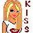 Pixelated image of a smiling person with long blonde hair wearing white and red clothing, next to vertical text reading 'KISS' on the right.