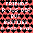 Pixelated text and heart patterns in red, black, and white on a repeating background