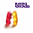 Pixelated red and yellow figures in a hugging pose with purple text above, showing motion blur variations across frames.