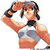 Pixelated image of a person with short dark hair wearing a sleeveless top with gray and white sections, raising their right arm near their head.
