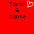 Red background with black text 'Sarah & Dante' and a white pixelated heart symbol above 'Sarah' on the left side.