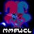 Pixelated image of a character with red and blue hair, distorted face, and text elements including 'Much Mother Fucking Weird Clown' and 'MMFCL'.