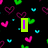 Pixelated animation with black background, floating hearts and dots in pink cyan green purple yellow, text elements "I", "Love", "You", "Babbyy" appear sequentially.