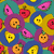 Pixelated fruit-themed pattern with repeating apple, banana, orange, and watermelon icons on a teal background.