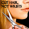 A close-up of a person's face holding scissors near their neck with text reading "CUT HAIR, NOT WRISTS" over a wooden background.