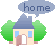 Pixelated house with blue roof and green trees; left version has open door and speech bubble reading 'home', right version shows closed door.