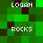 Pixelated green and dark brown with repeated text 'LOGAN' and 'ROCKS' in white block letters across four