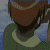 Pixelated anime-style character with brown hair and green clothing, shown in a sequence of facial expressions against a blue sky background.