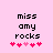 Pixelated text 'miss amy rocks' in black on pink background with five pixel hearts below, two versions showing heart color variation.