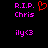 Pixelated text and symbols on black background: 'R.I.P. Chris' in pink with red heart, 'ily<3' in pink below.