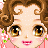 Pixelated character with curly brown hair, large golden eyes, and pink lips; one view shows a tiara on the head against purple background.